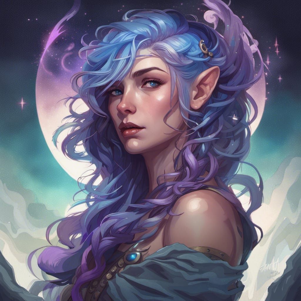 Water Genasi Star Druid Portrait in Fantasy Art Style