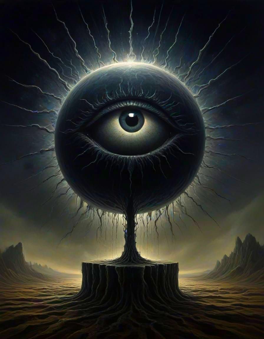 Giant Black Sun Eye Over Falling Red Silhouette Figure