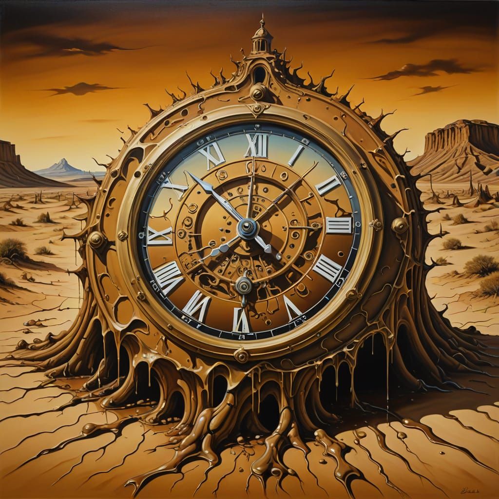 Steampunk Clock melting in the dead desert.