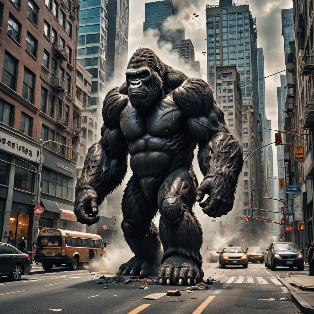 Metal King Kong Smashing City Buildings