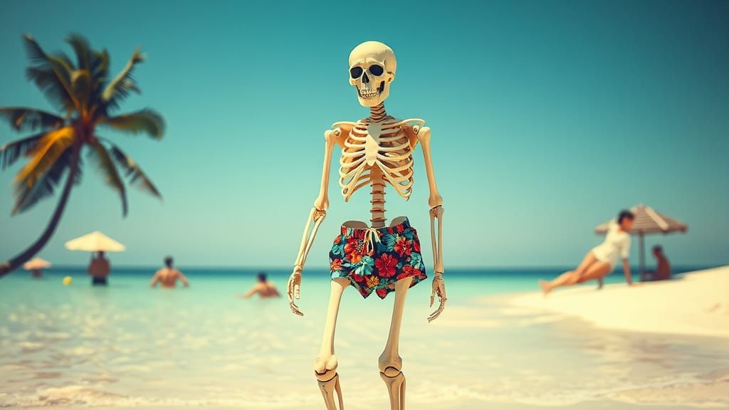 Skeleton on Beach in Cyberpunk Printmaking Style