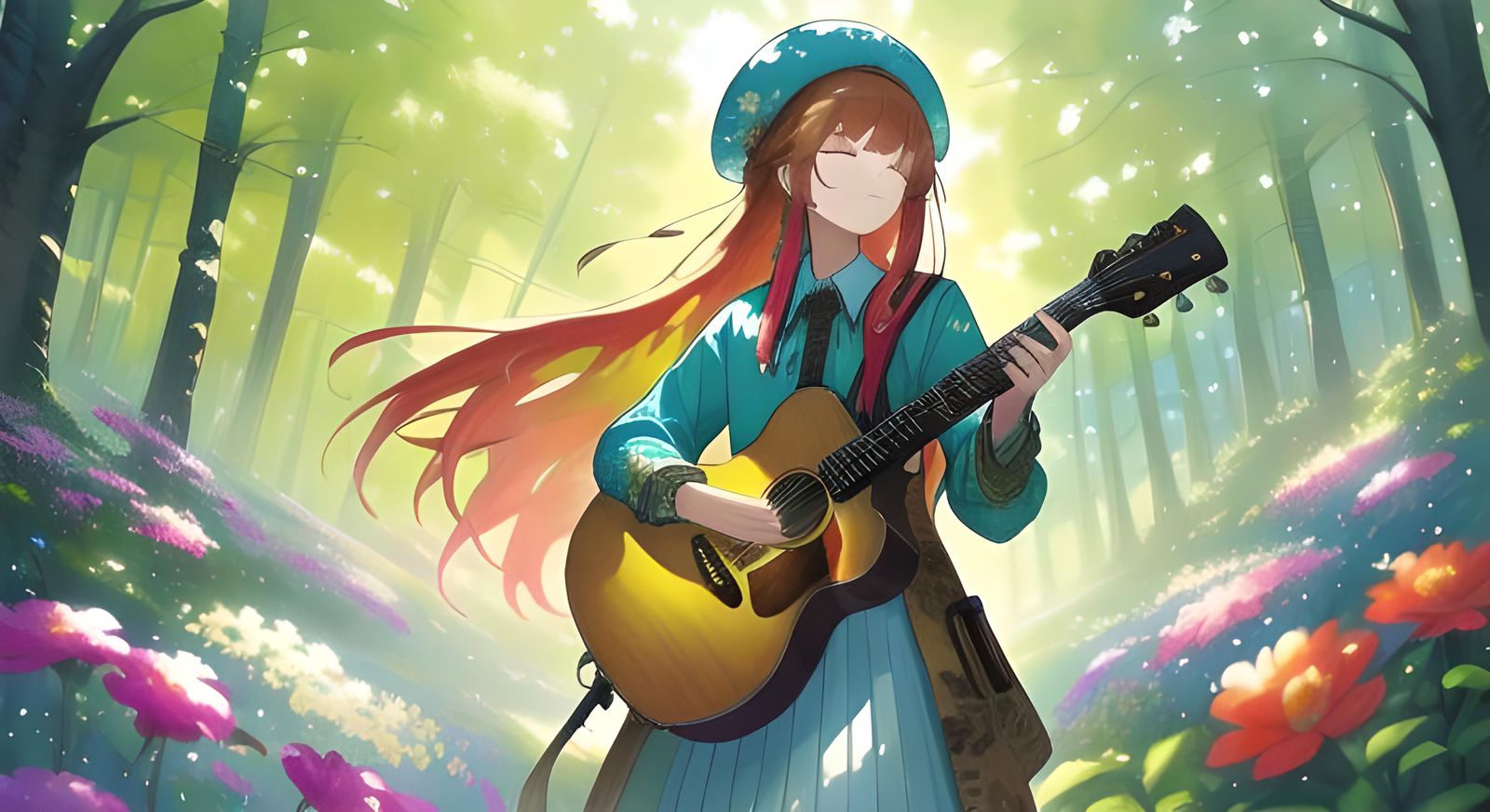 Girl with Guitar Outdoors Among Trees and Flowers