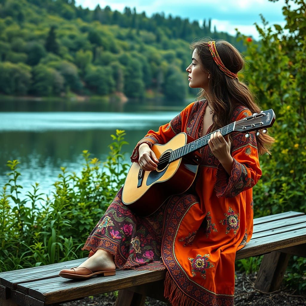 Contemplative Woman with Guitar by Lake