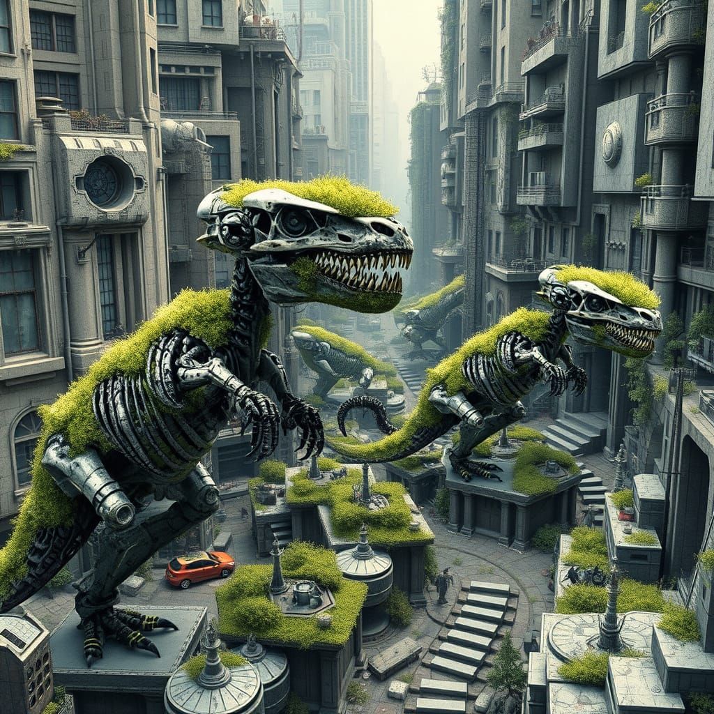 Mossy Robot Dinosaur Cityscape in Futuristic Style