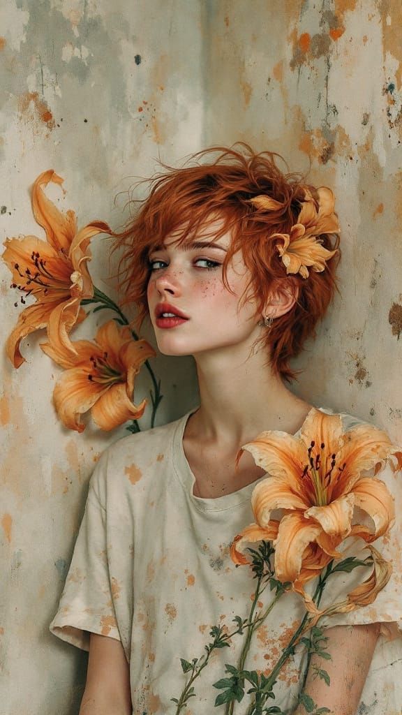 Freckled Ginger Woman with Sly Grin in Impressionism Style