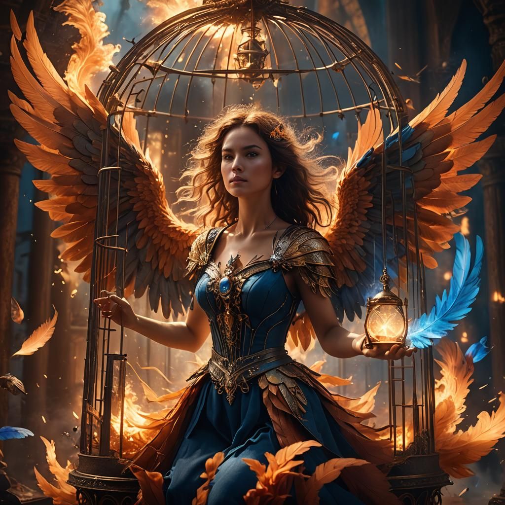 Winged Woman in Magic Cage Amidst Explosion