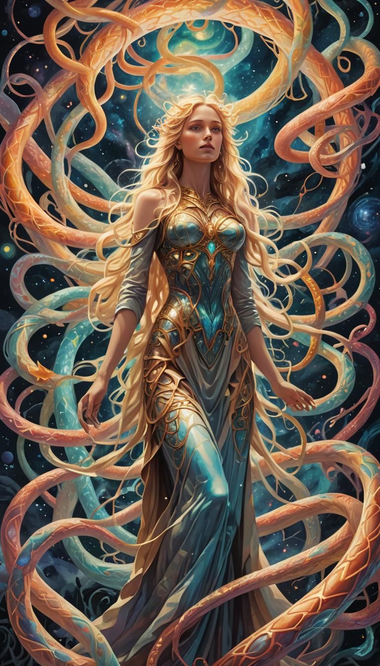Ethereal Goddess Surrounded by Snakes in Dreamscape