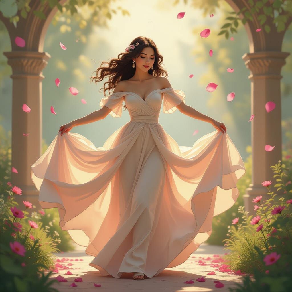 Woman Dancing in Sunlight, Art Nouveau Style