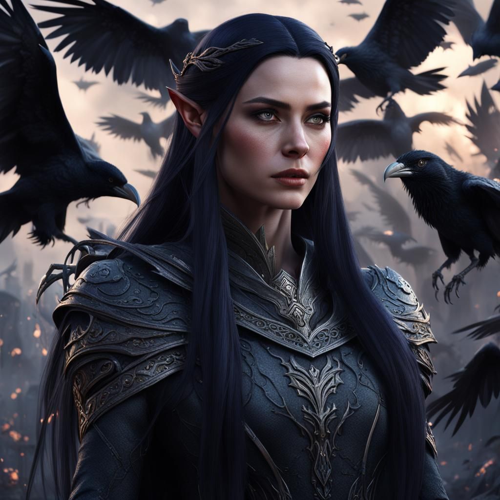 Hyperrealistic Dark Elf Villainess with Ravens