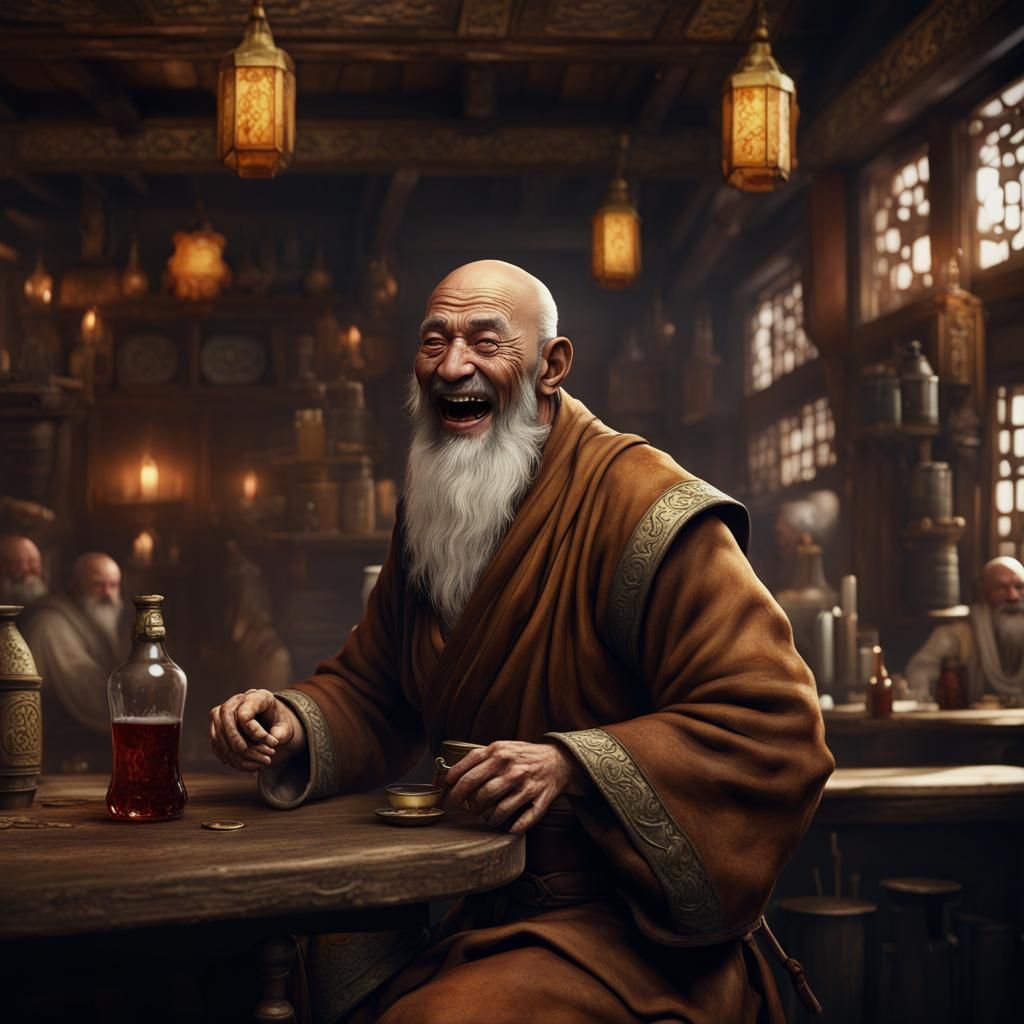 Laughing Drunken Monk in Tavern: Detailed Matte Painting