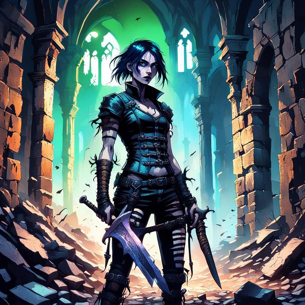 Medieval Punk Goddess Reigns Amidst Ruined Castle in Cyberpu...