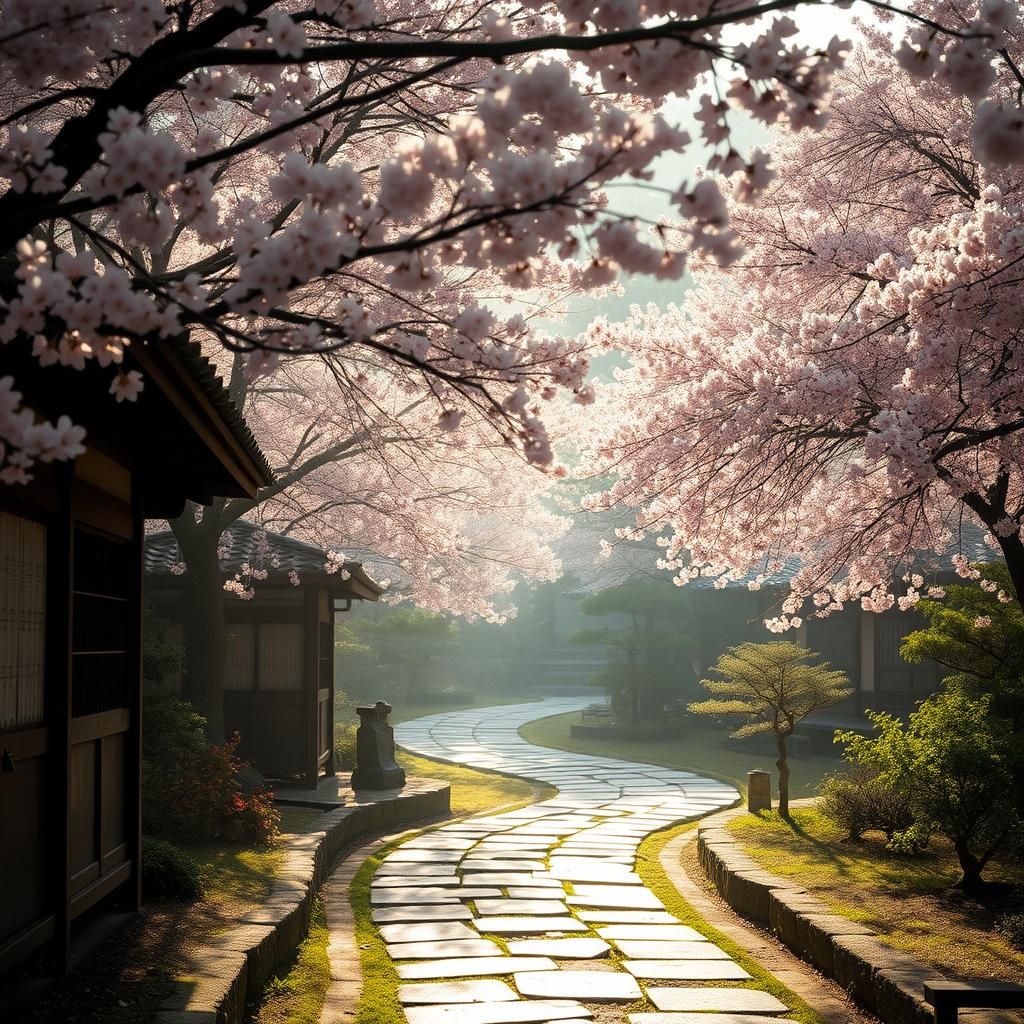 Japanese Garden in Springtime, Cherry Blossoms in Bloom