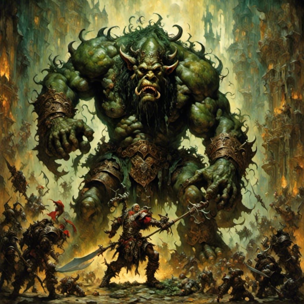 Dwarf Battles Armored Troll: Dynamic Chiaroscuro Scene