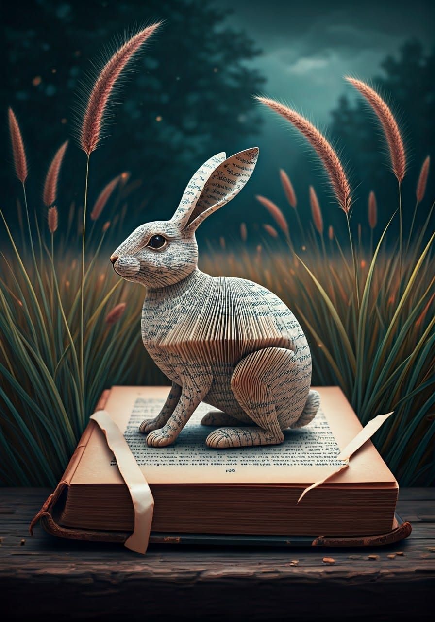 Paper Hare on Antique Book in Twilight Meadow
