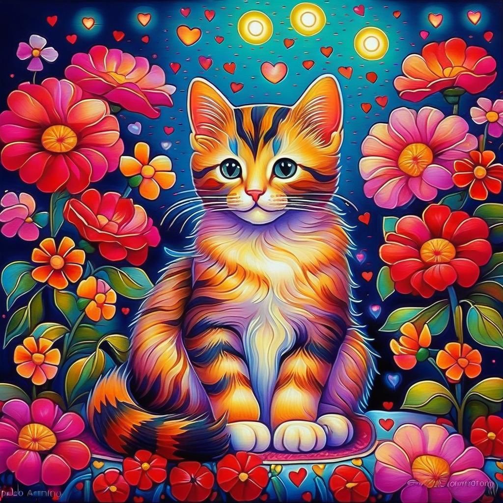 Cat on Pillow Surrounded by Flowers, Visionary Art