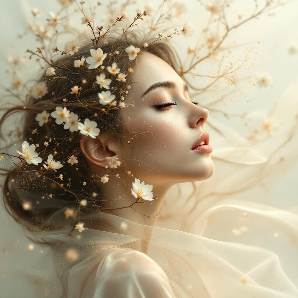 Dreamlike Portrait with Blooming Branches