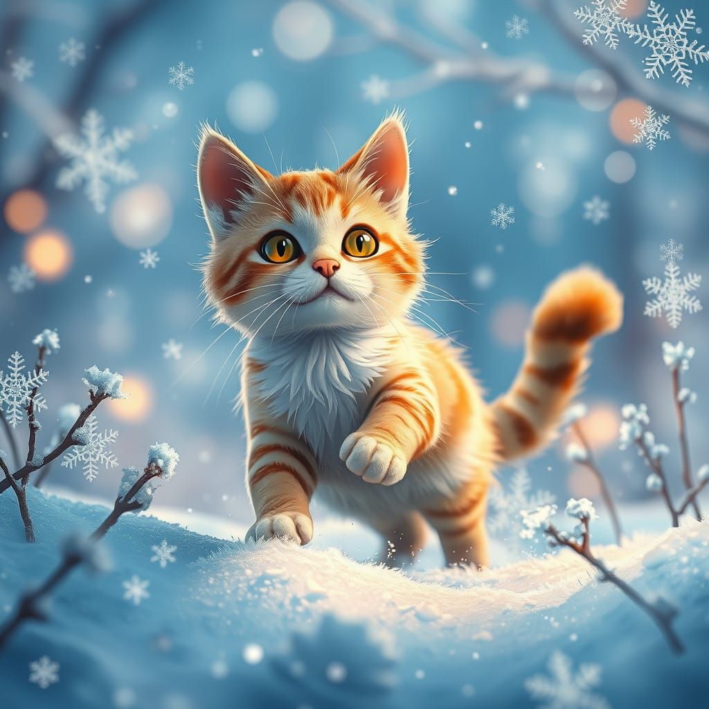 Whimsical Winter Wonderland Cat in Vibrant Fantasy Art