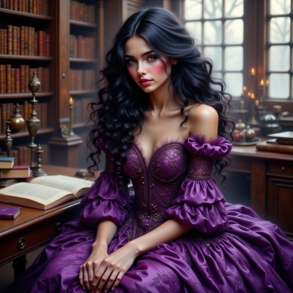 Maiden in Library with Art Nouveau Style Dress