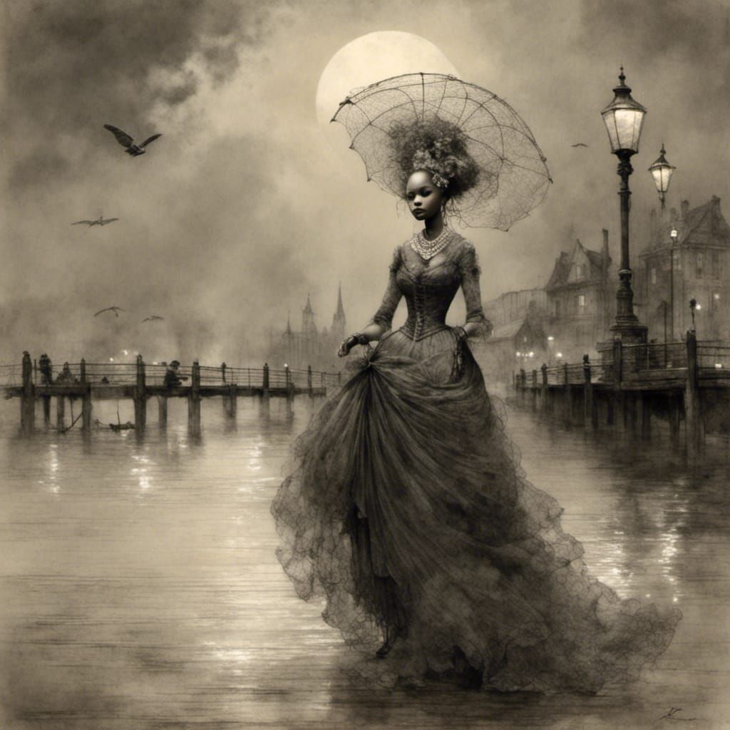 Surreal Woman Pushing Stroller on Pier