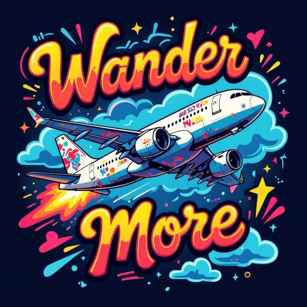 Funky Cartoon Airplane Soaring Through Neon Clouds