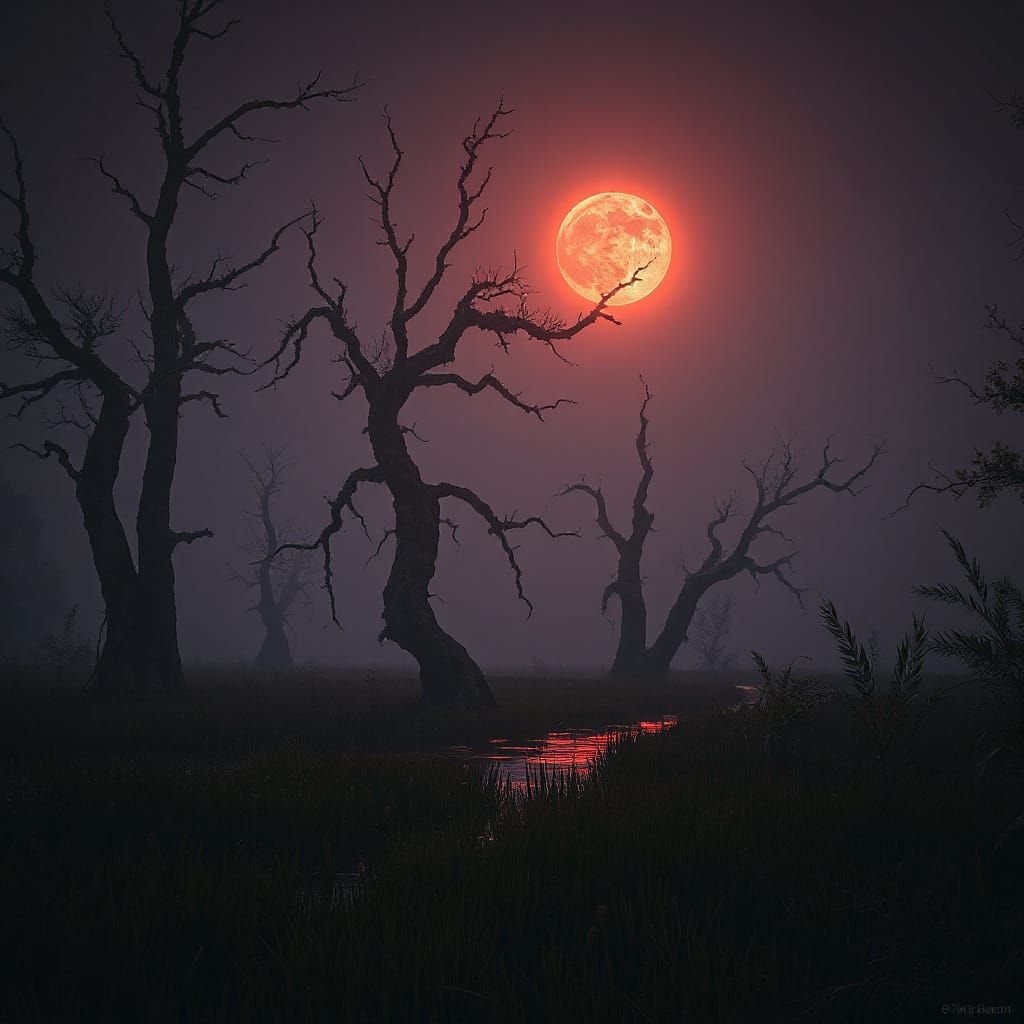 Atmospheric Swamp Scene with Red Sun in Dark Fantasy Style