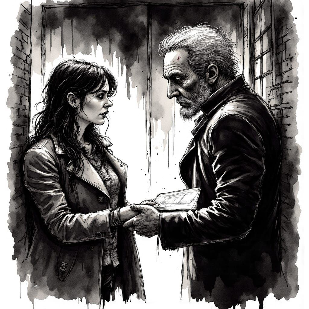 Woman in a Dimly Lit Alley, Ink Drawing in 80s Graphic Novel...