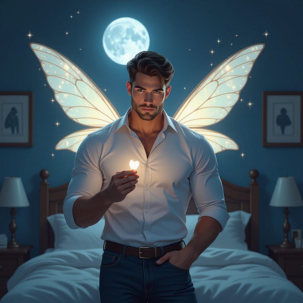Muscular Tooth Fairy in Moonlit Bedroom, Whimsical Digital A...