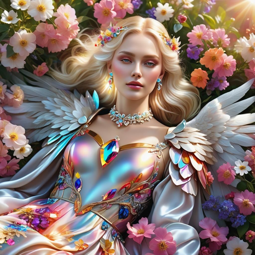 Ethereal Blonde Angel in a Futuristic Flower Garden