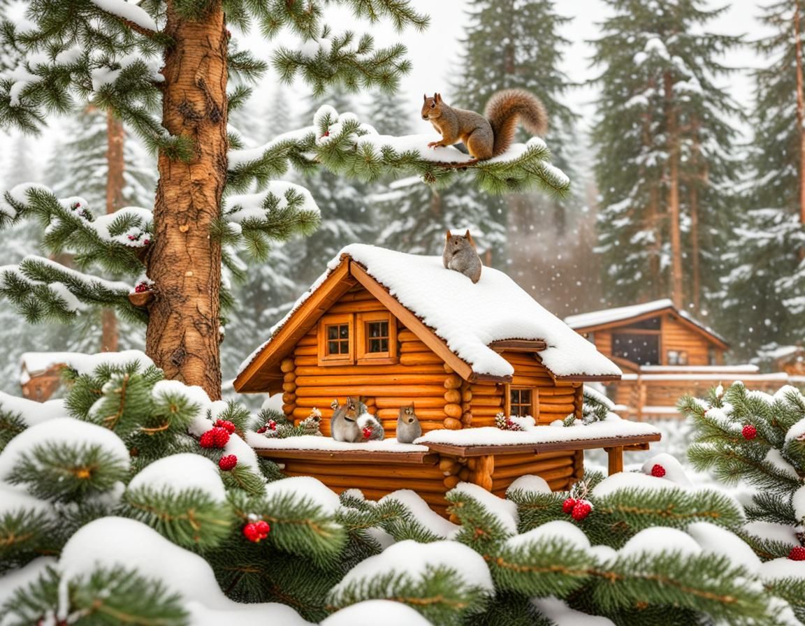 Squirrels Decorating Christmas Tree in Snowy Garden