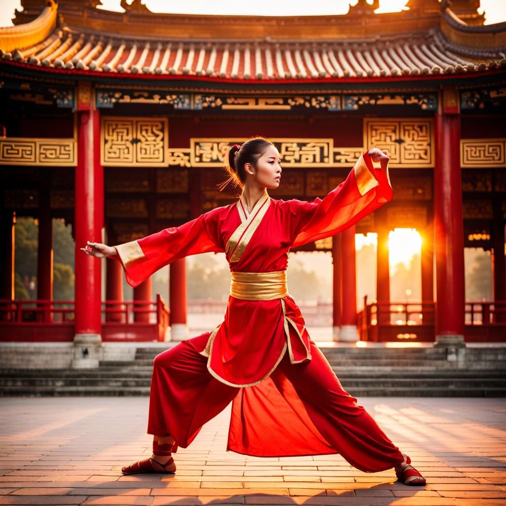 Dynamic Wushu Warrior in Ancient Chinese Temple