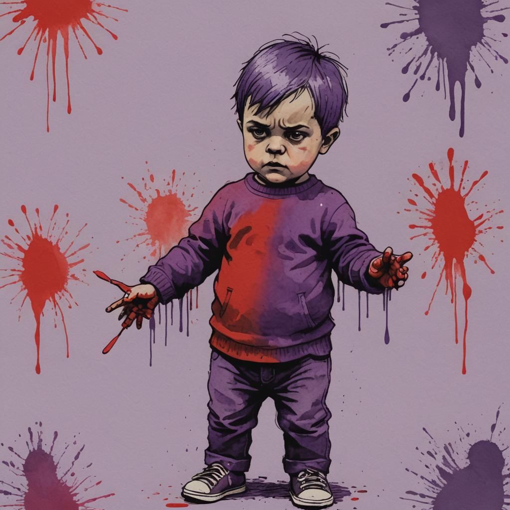 Angry Toddler Fingerpainting in Gorey Style