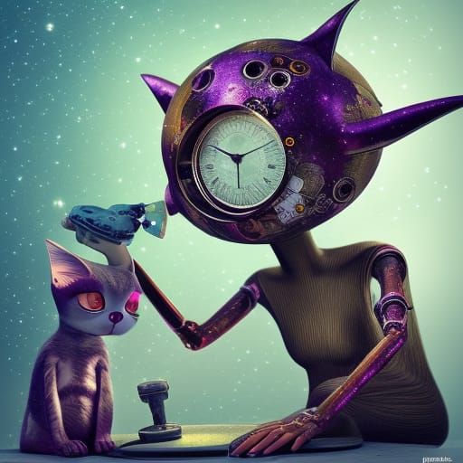 Alien Girl and Clockwork Cat: Sci-Fi Art