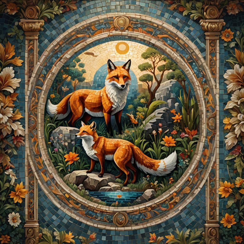 Detailed Roman Mosaic of Fox in Pool