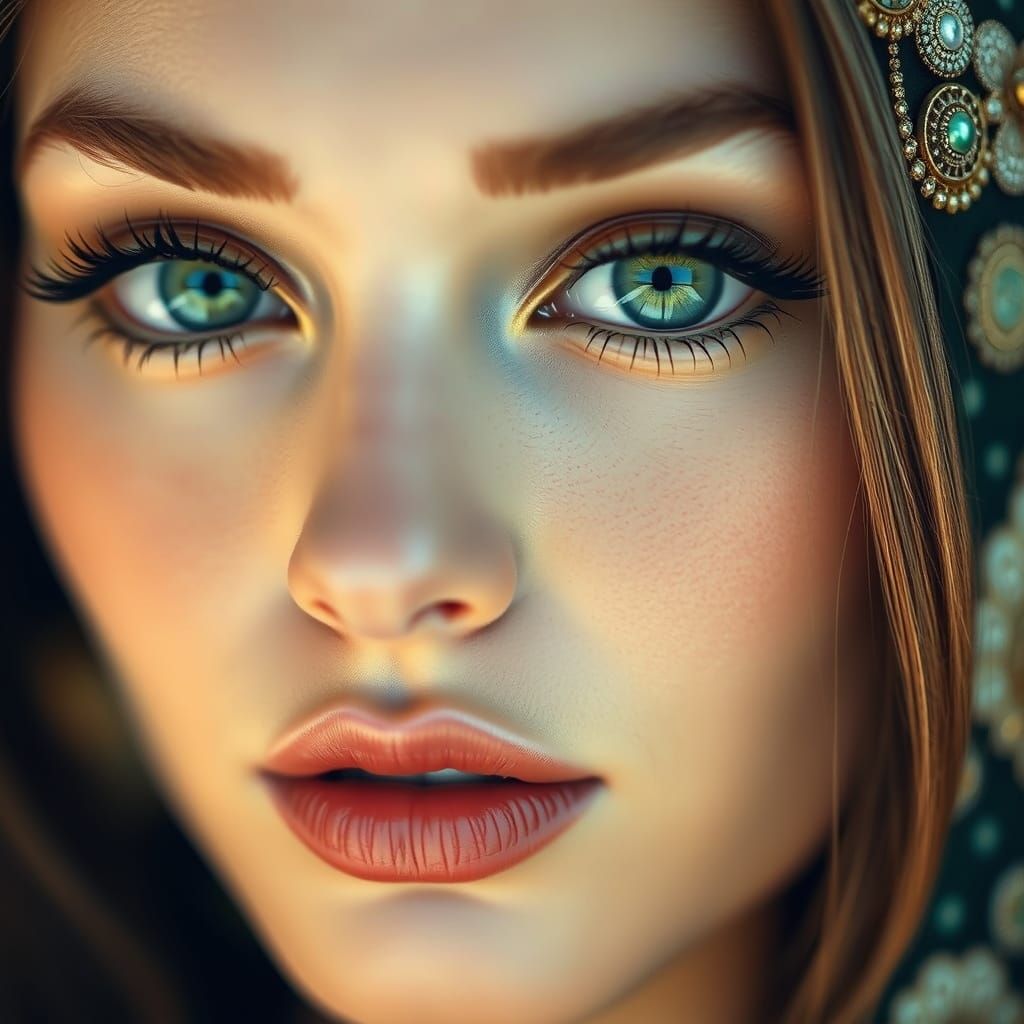 Elegant Woman's Face in Close-Up with Emerald Eyes and Art N...