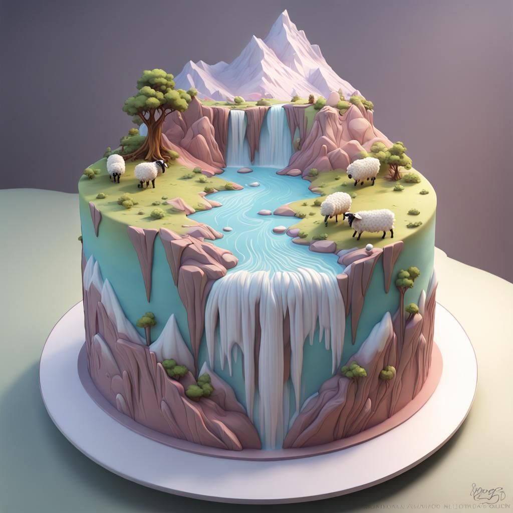 Pastel Cake with Waterfalls and Mountains