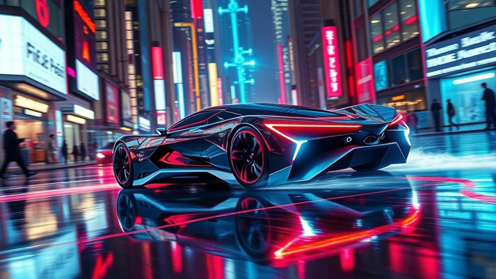 Futuristic Car Speeds Through Neon Cityscape