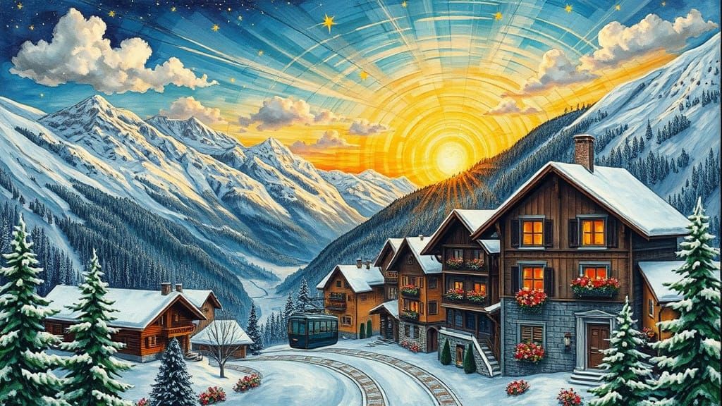 Snowy Alpine Village Art with Gold Accents
