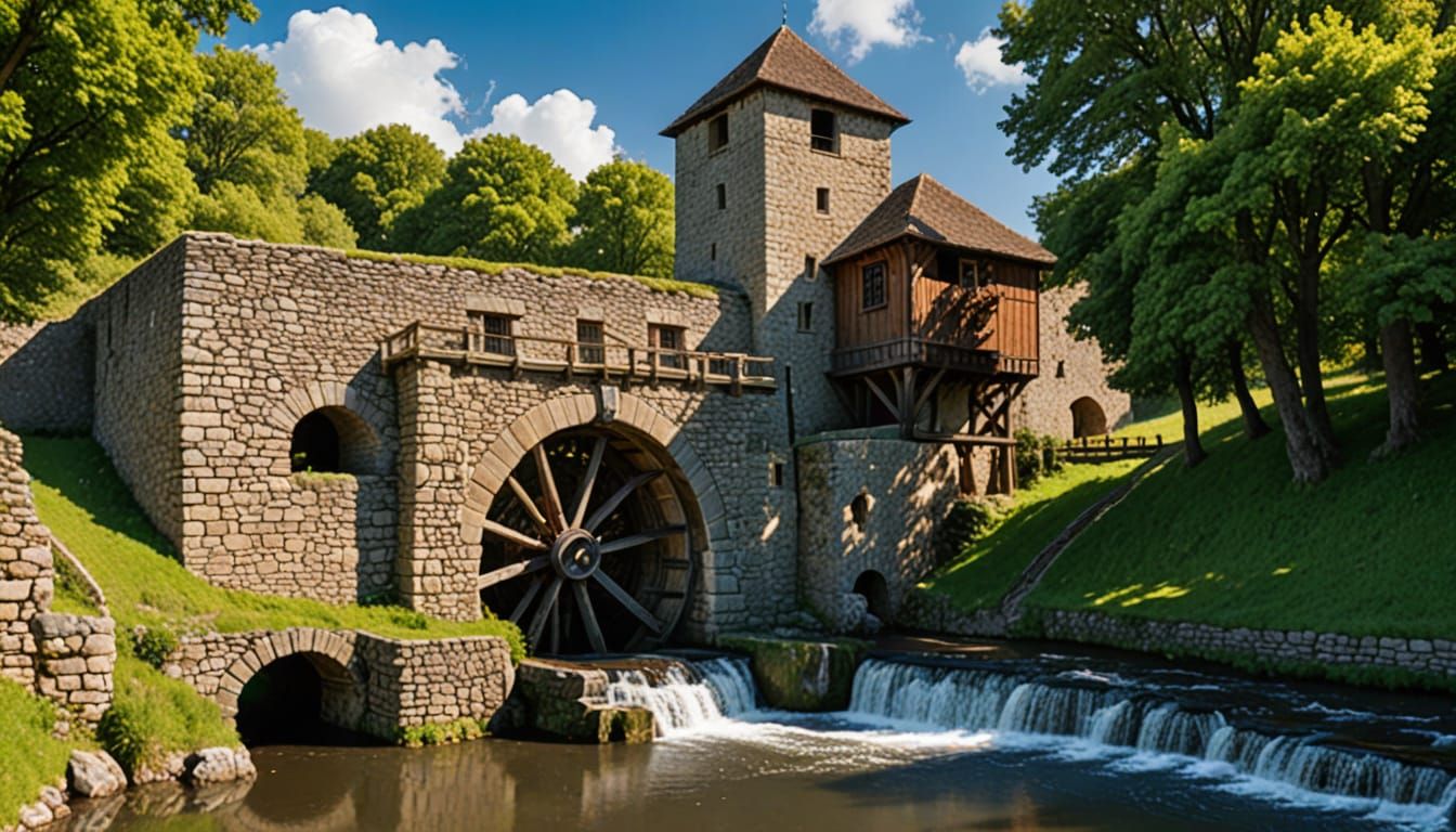Medieval Waterwheel Bridge in Woody Countryside