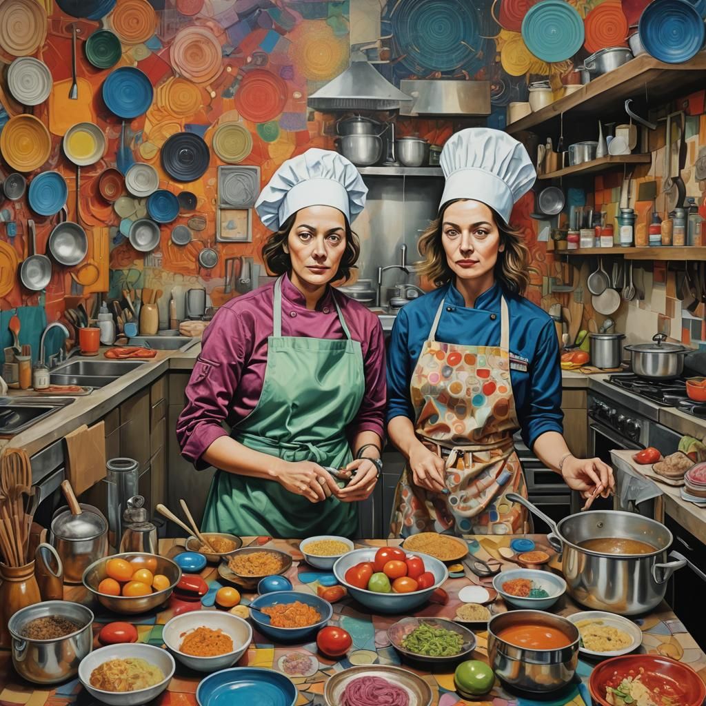 Maximalist Kitchen Scene with Chef and Engineer