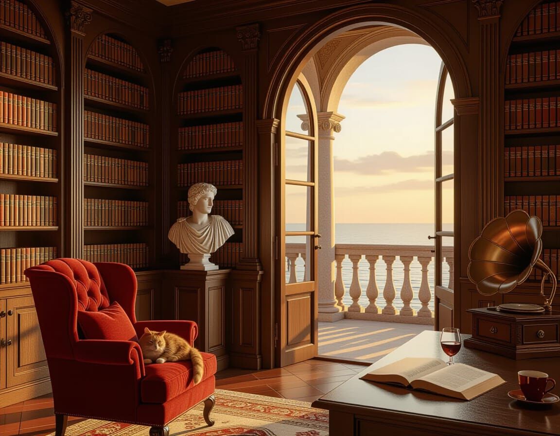 Cozy Library at Sunset in Painterly Style