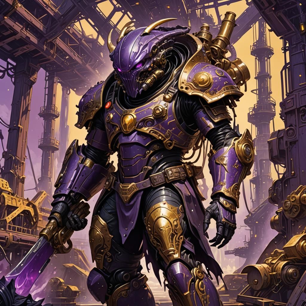 Armored Alien Warrior Invades Oil Rig: Dark Fantasy Art