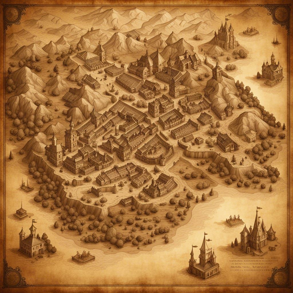 Detailed Medieval Kingdom Map in Sepia Tones