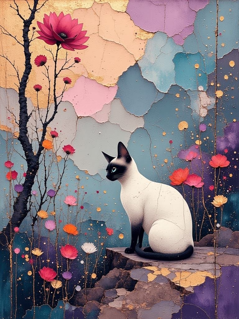 Elegant Long-Haired Siamese Cat in Warm, Vibrant Landscape