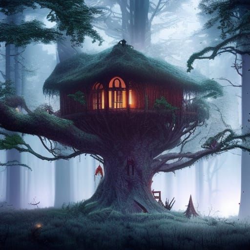 Majestic Haunted Treehouse in Dark Fantasy Forest