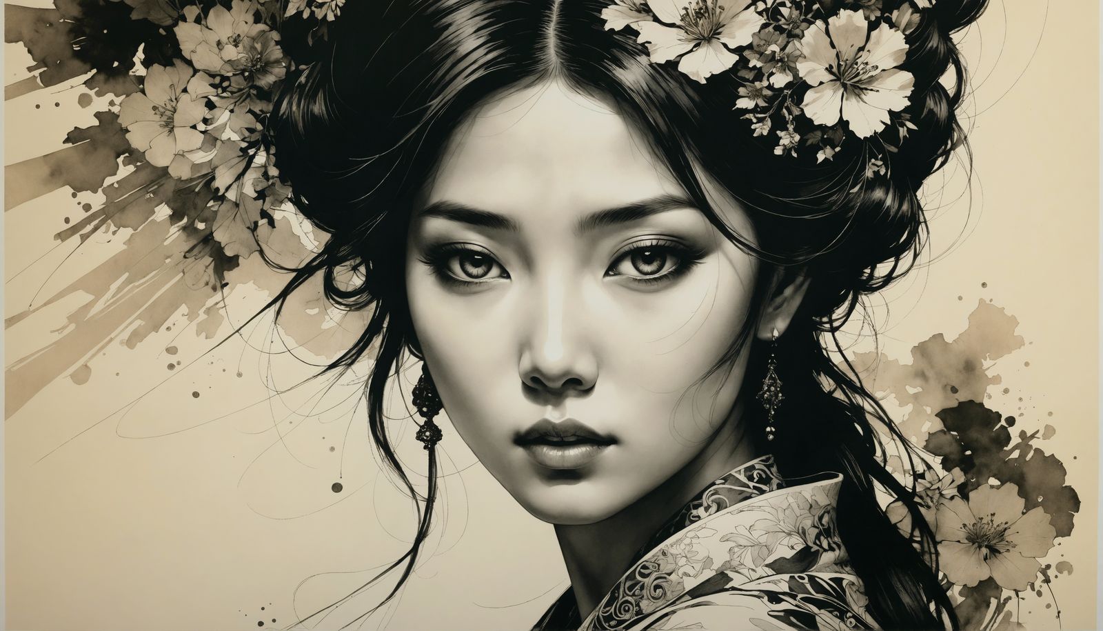 Dramatic Ink Drawing of Asian Woman