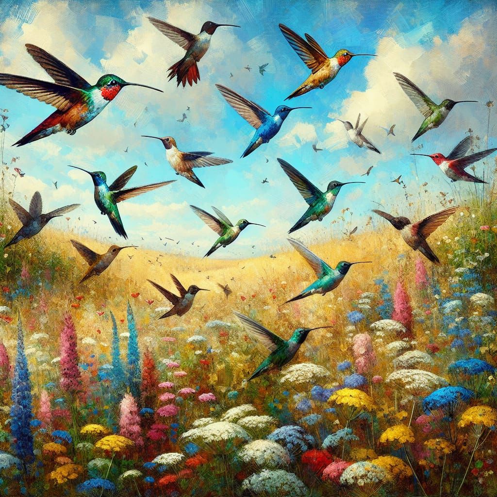 Hummingbirds in Wildflower Field, Impressionist Gouache Pain...