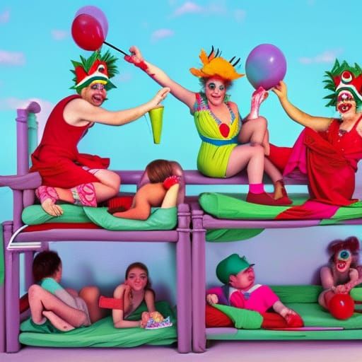 Psychedelic Clowns and Jesters on a Dreamlike Beach