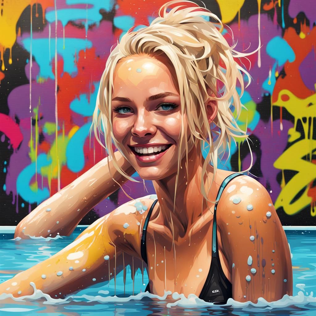 Teen at Pool in Colorful Graffiti Art Style