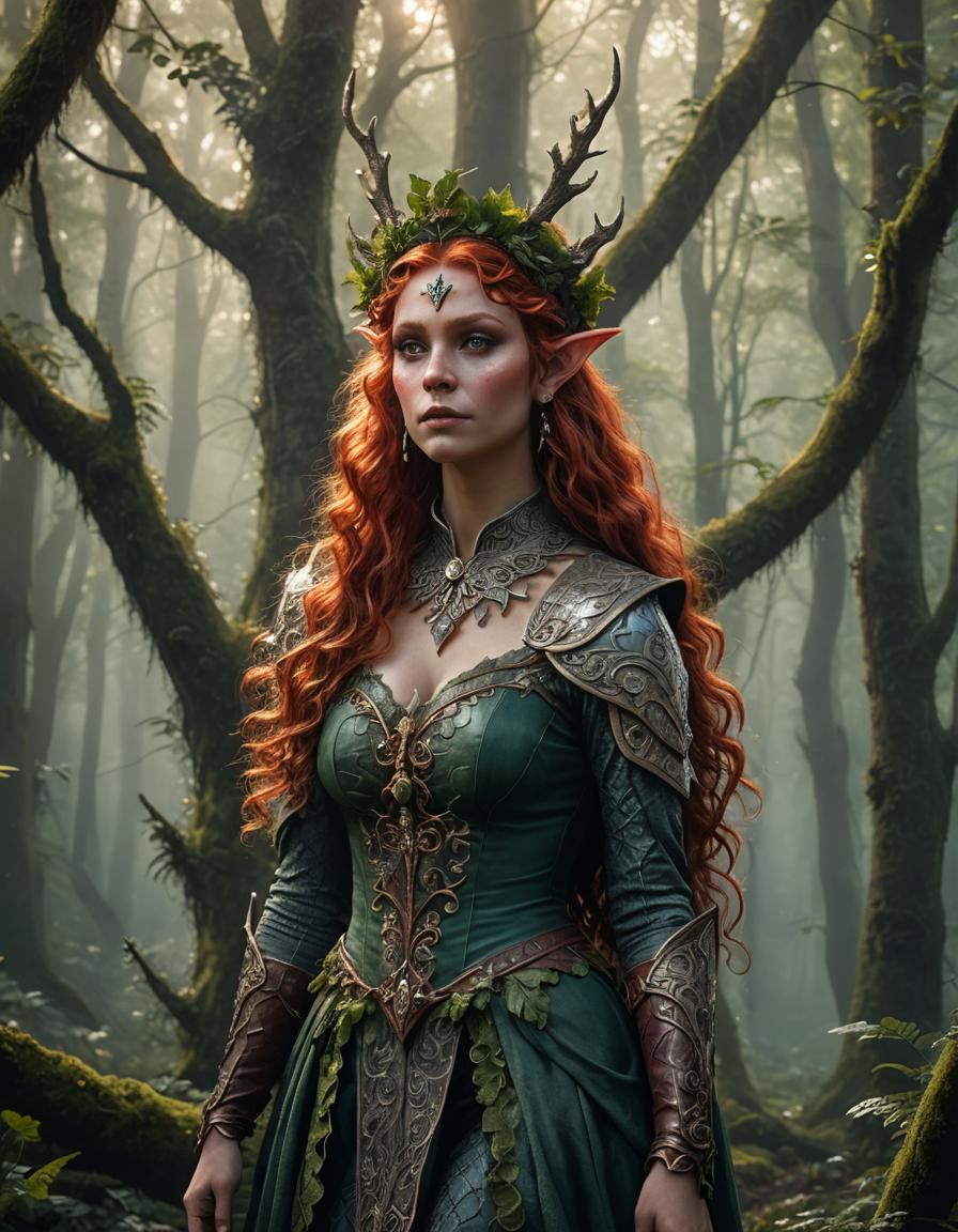Elf Queen in Misty Forest, Fantasy Realism Art