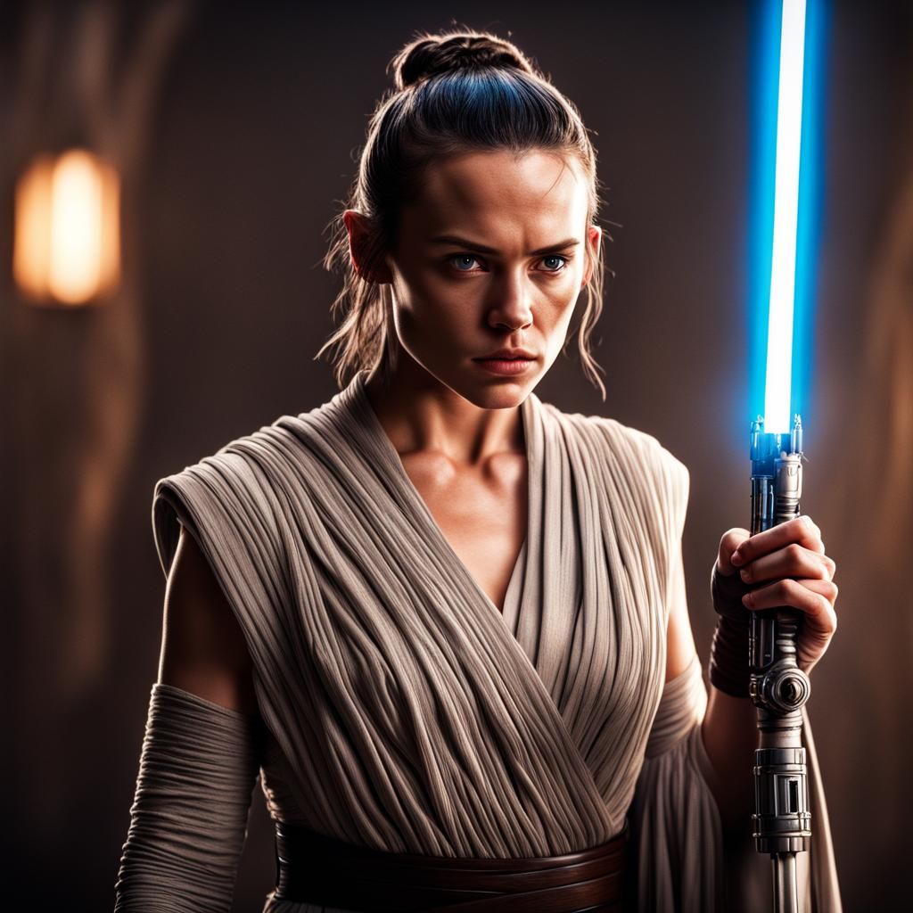 Hyperrealistic Rey Skywalker with Lightsaber